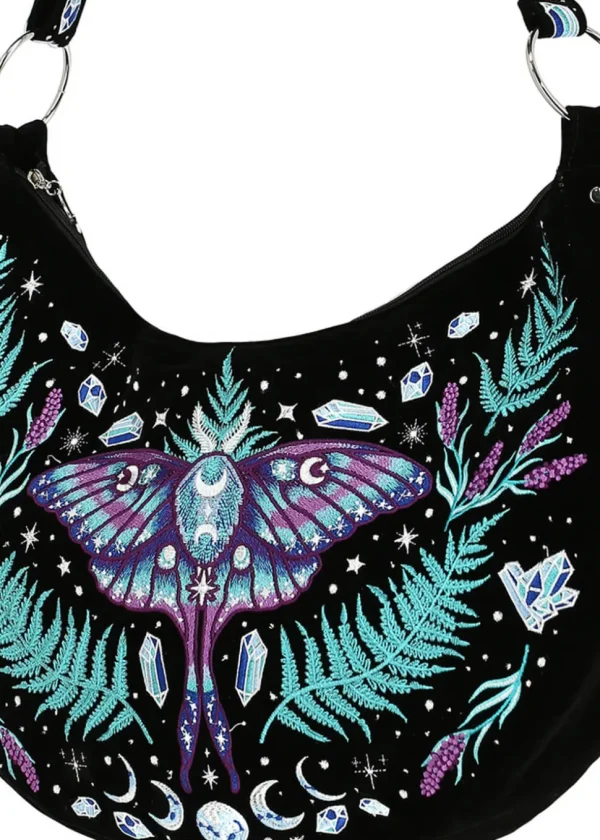 Restyle Enchanted Forest Moth Fern Embroidery Hobo Bag Black