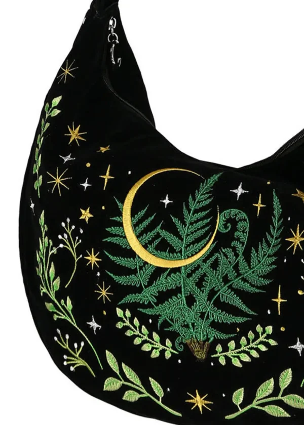 Restyle Herbal Fern Embroidery Hobo Bag Black