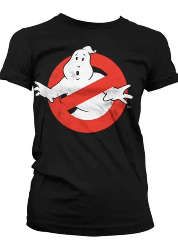 Retro Movies Ghostbusters Distressed Logo Girly T-Shirt Black