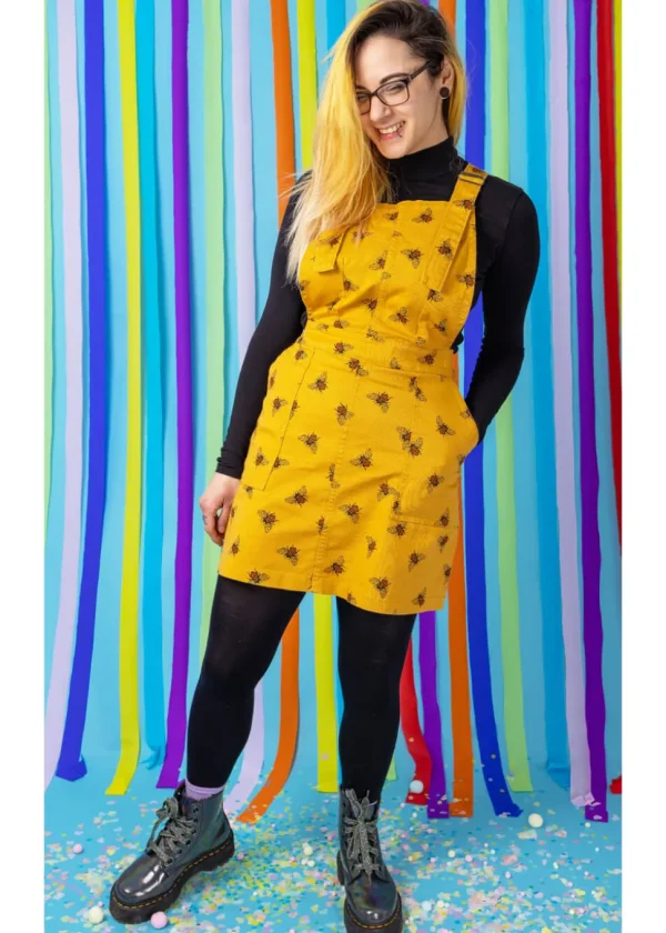 Run & Fly Bees Knees Twill 60's Pinafore Dress Gold