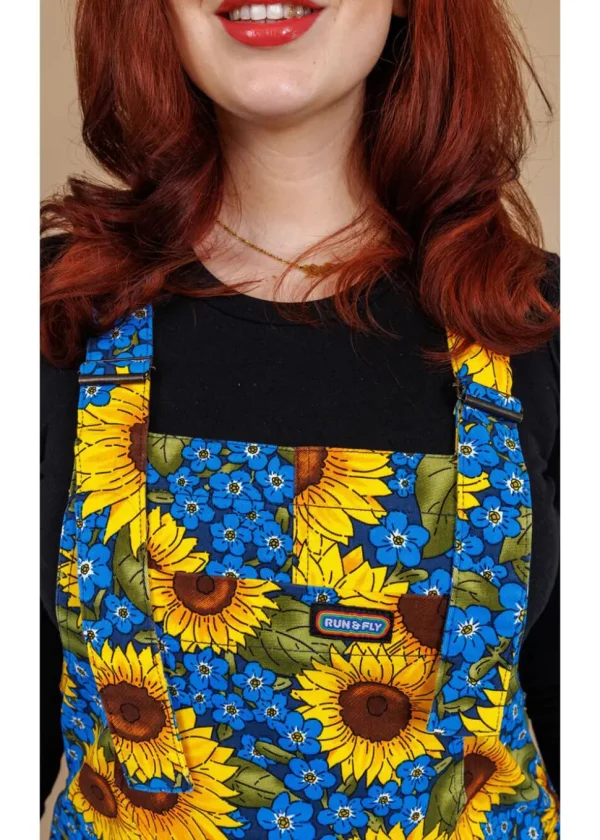 Run & Fly Forget Me Not Sunflowers 70's Dungarees Blue