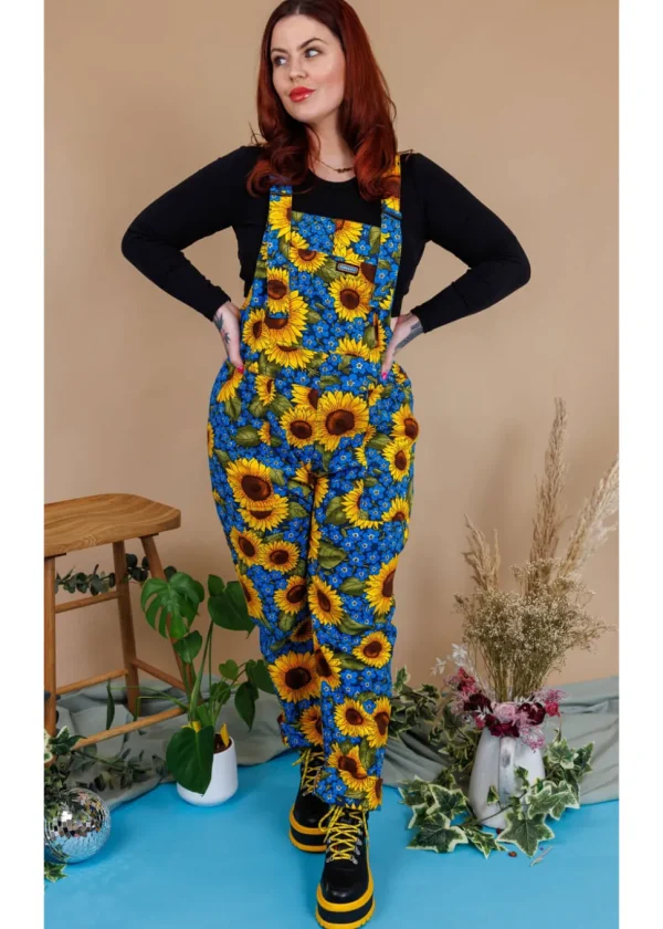 Run & Fly Forget Me Not Sunflowers 70's Dungarees Blue