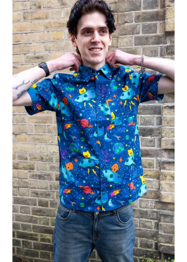 Run & Fly Mens Dogs In Space Shirt Blue