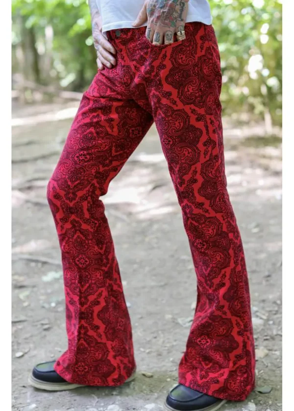 Run & Fly Mens Hendrix Corduroy 70's Flared Trousers Red