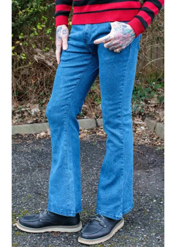 Run & Fly Mens Hendrix Stone Wash 70's Flare Trousers Denim