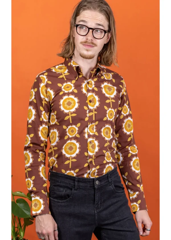 Run & Fly Mens Retro Floral 70's Shirt Brown