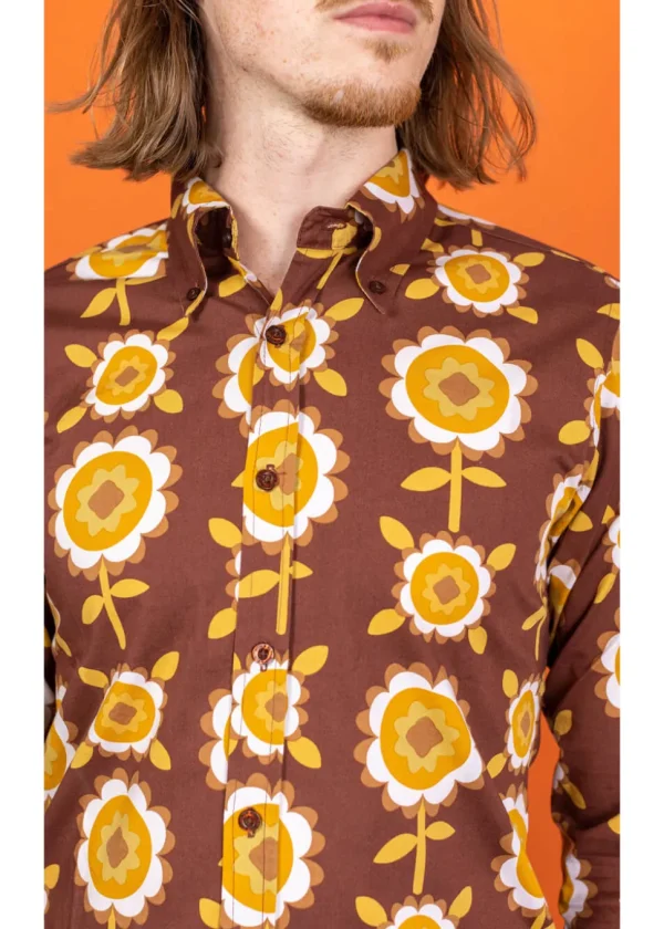 Run & Fly Mens Retro Floral 70's Shirt Brown