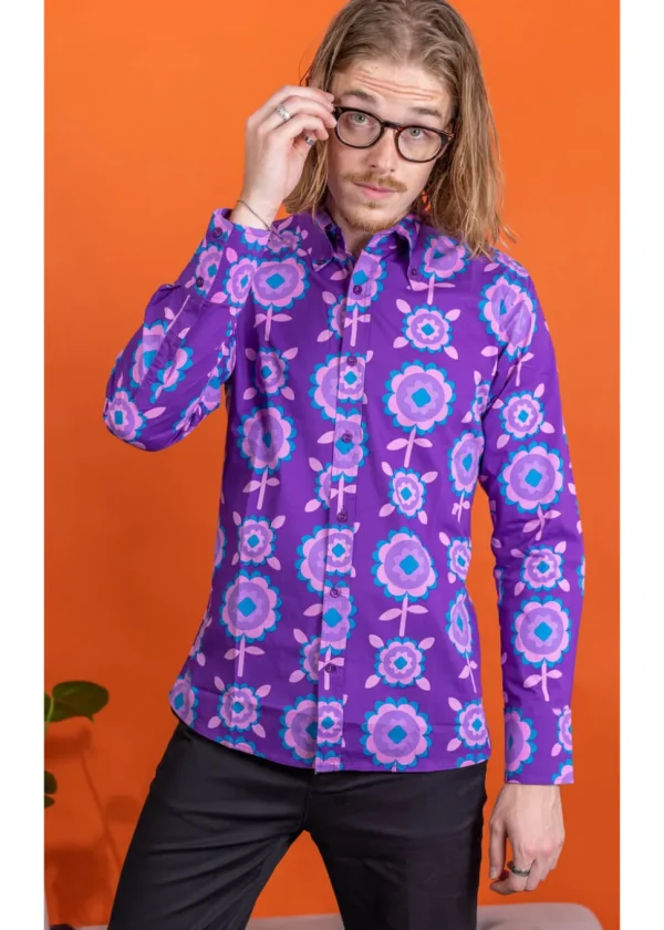 Run & Fly Mens Retro Floral 70's Shirt Purple