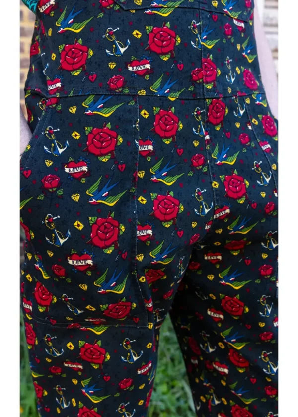 Run & Fly Retro Tattoo 70's Dungarees Black