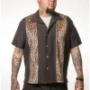 Steady Clothing Mens Leopard Panel Button Up Shirt Black