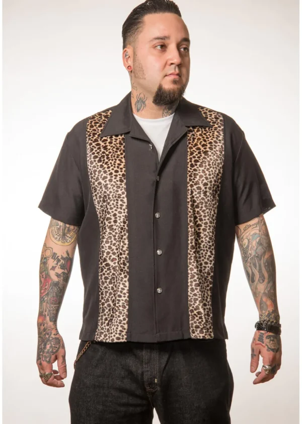 Steady Clothing Mens Leopard Panel Button Up Shirt Black