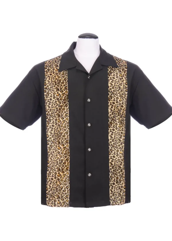 Steady Clothing Mens Leopard Panel Button Up Shirt Black