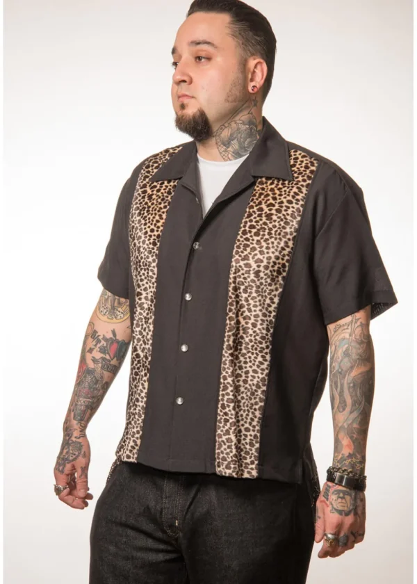 Steady Clothing Mens Leopard Panel Button Up Shirt Black
