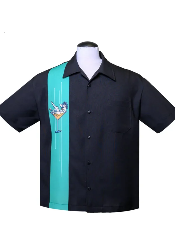 Steady Clothing Mens Martini Girl Single Panel Bowling Shirt Black Mint