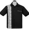 Steady Clothing Mens Music Note Panel Bowling Shirt Black White
