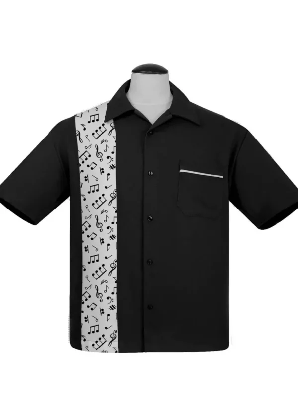 Steady Clothing Mens Music Note Panel Bowling Shirt Black White