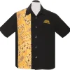 Steady Clothing Mens Sun Record Music Notes Bowling Shirt Black