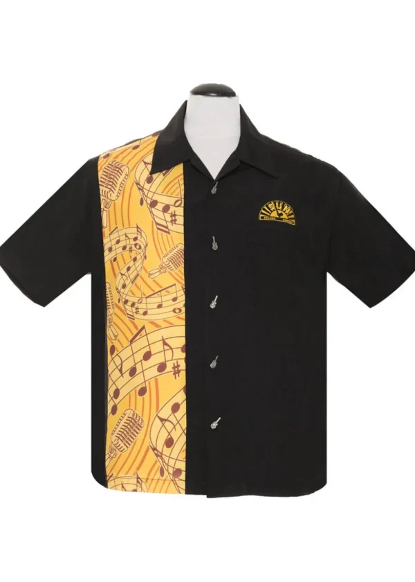 Steady Clothing Mens Sun Record Music Notes Bowling Shirt Black