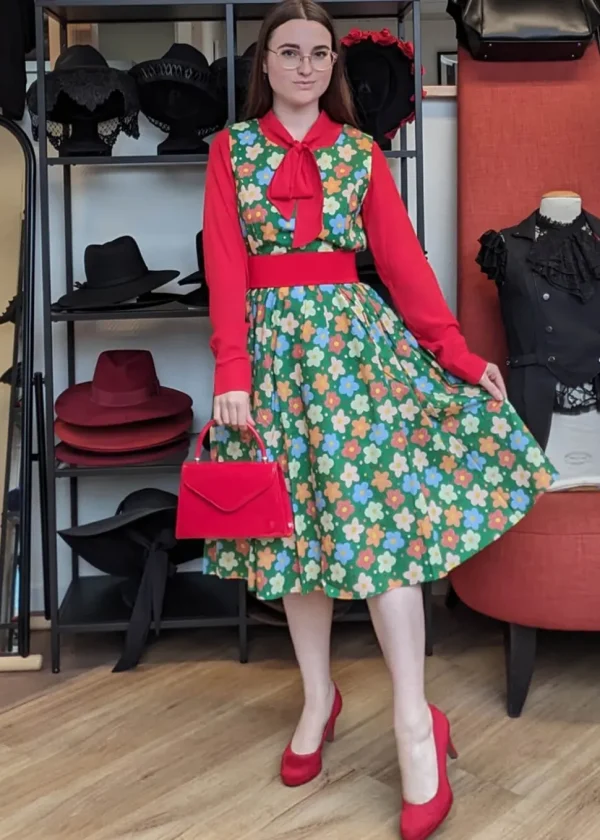 Tulip B Painted Flowers 60's Swing Dress Green
