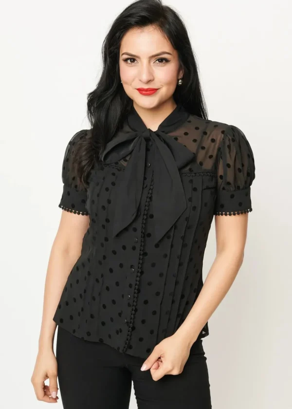 Unique Vintage Angela Polka 40's Blouse Black