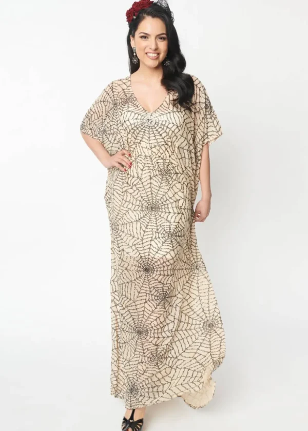 Unique Vintage Burton Spiderweb Sequin 20's Caftan Maxi Dress Nude