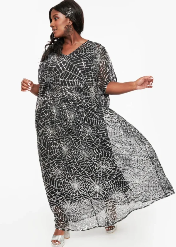 Unique Vintage Burton Spiderweb Sequin Caftan Maxi Dress Black Silver