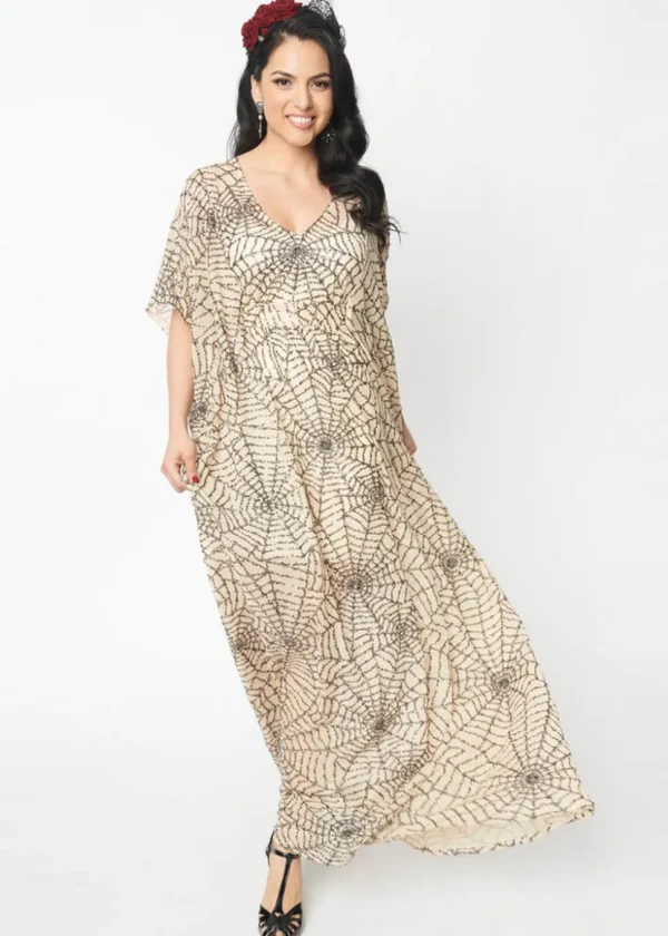 Unique Vintage Burton Spiderweb Sequin 20's Caftan Maxi Dress Nude