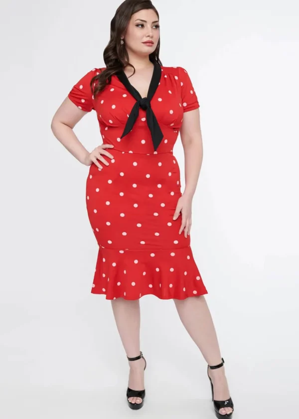 Unique Vintage Carmen Polkadot 50's Wiggle Pencil Dress Red