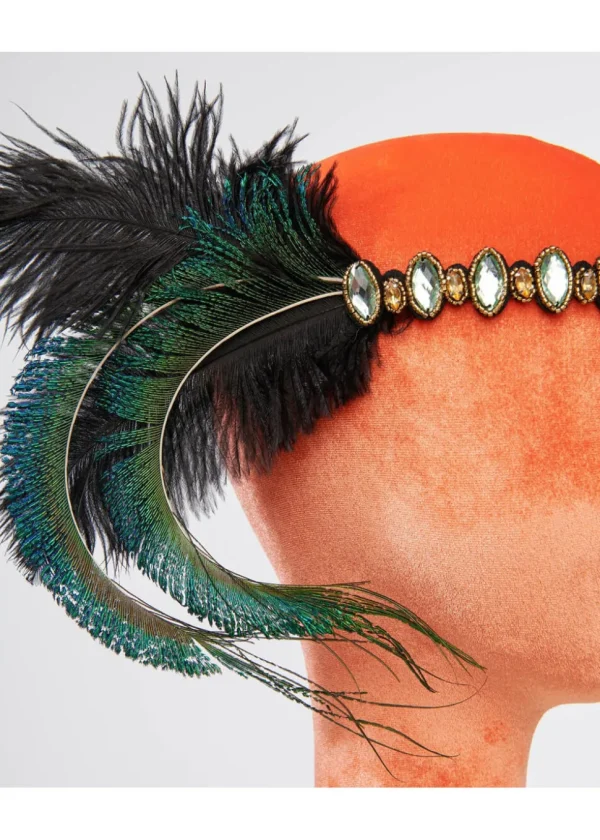 Unique Vintage Flapper Peacock Feather Headband Emerald Silver