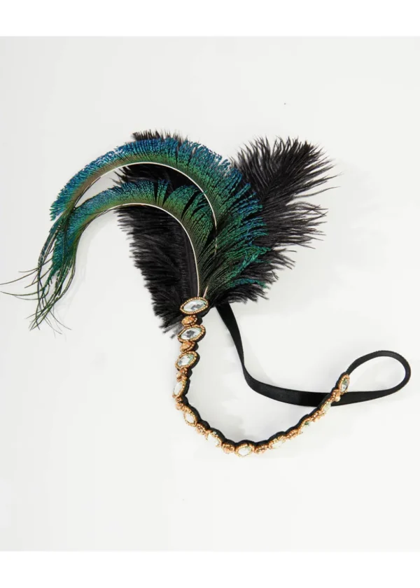 Unique Vintage Flapper Peacock Feather Headband Emerald Silver