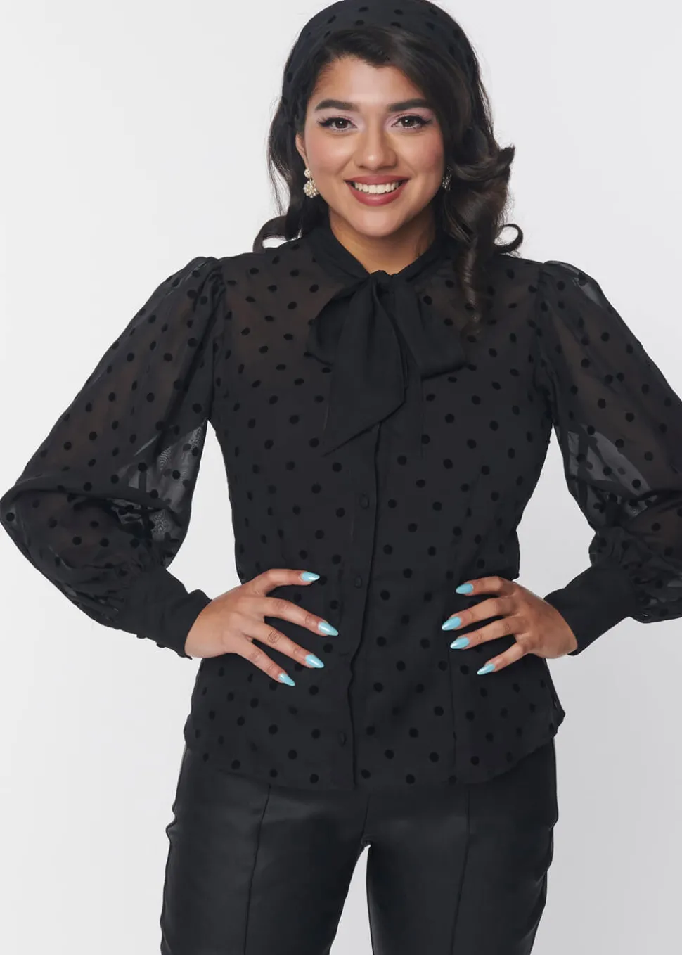 unique_vintage_gwen_flock_0.webp Unique Vintage Gwen Flocked Polkadot 40's Blouse Black