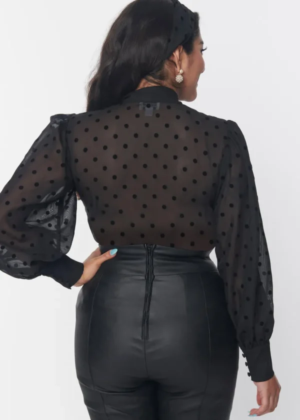 Unique Vintage Gwen Flocked Polkadot 40's Blouse Black