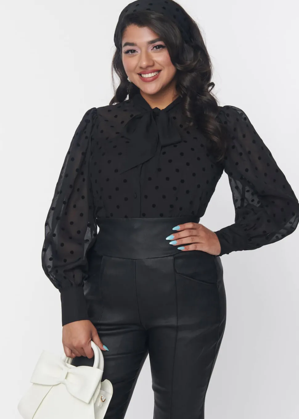 unique_vintage_gwen_flock_2.webp Unique Vintage Gwen Flocked Polkadot 40's Blouse Black