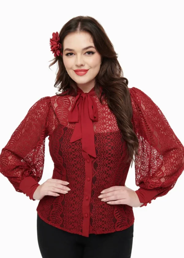 Unique Vintage Gwen Lace 40's Blouse Burgundy Red
