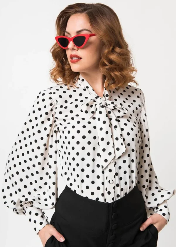 Unique Vintage Gwen Polka Dot 40's Blouse White Black