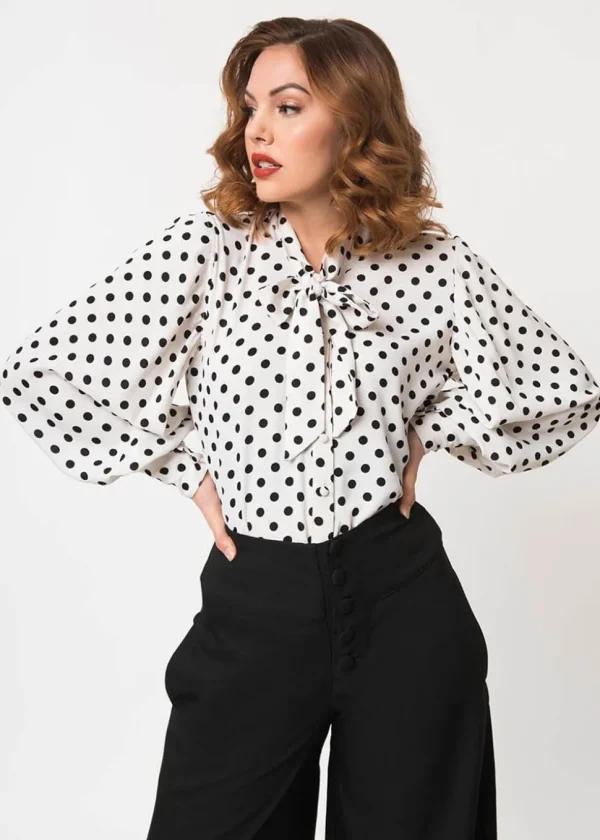Unique Vintage Gwen Polka Dot 40's Blouse White Black