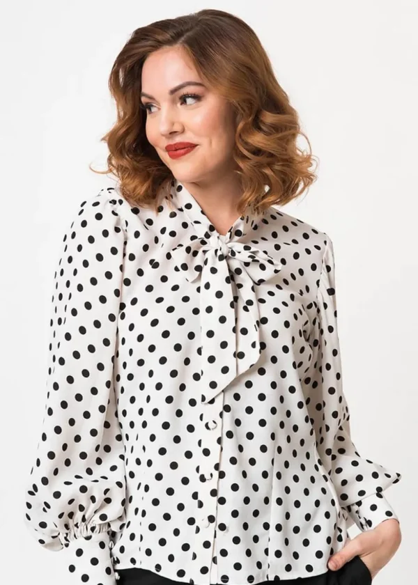 Unique Vintage Gwen Polka Dot 40's Blouse White Black