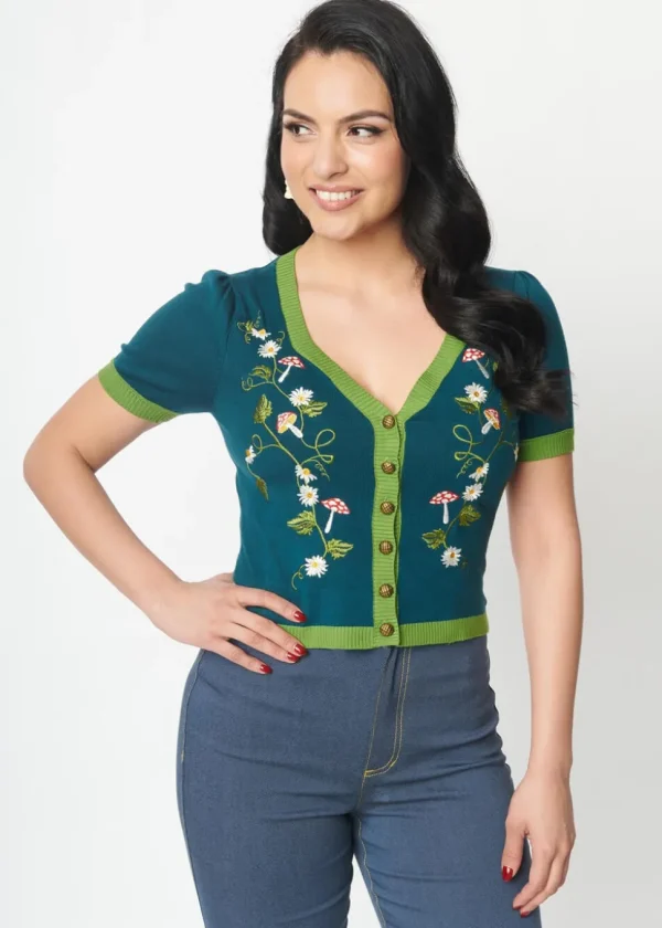 Unique Vintage Mushroom & Daisy 40's Cardigan Teal Green
