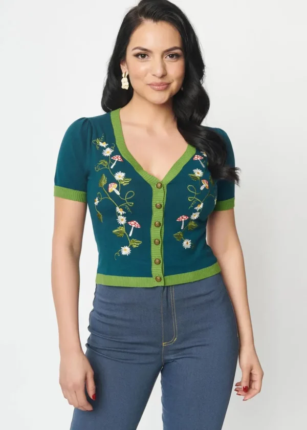 Unique Vintage Mushroom & Daisy 40's Cardigan Teal Green