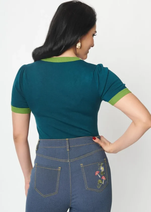 Unique Vintage Mushroom & Daisy 40's Cardigan Teal Green