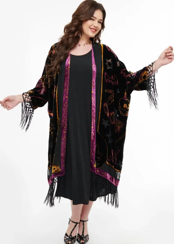 Unique Vintage Mystical Icons Burnout 20's Kimono Black