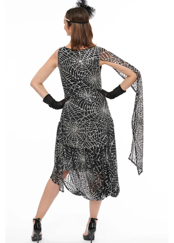 Unique Vintage Sequin Spiderweb '20's Flapper Dress Black Silver