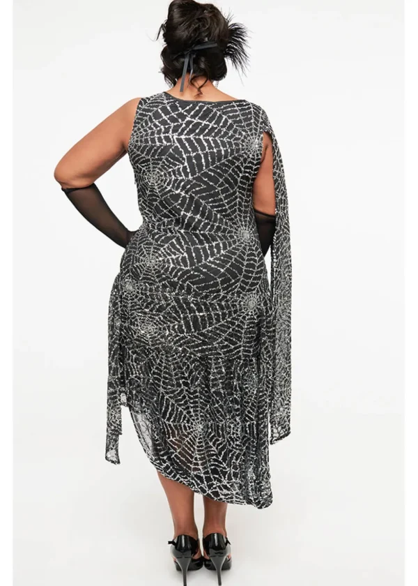 Unique Vintage Sequin Spiderweb '20's Flapper Dress Black Silver