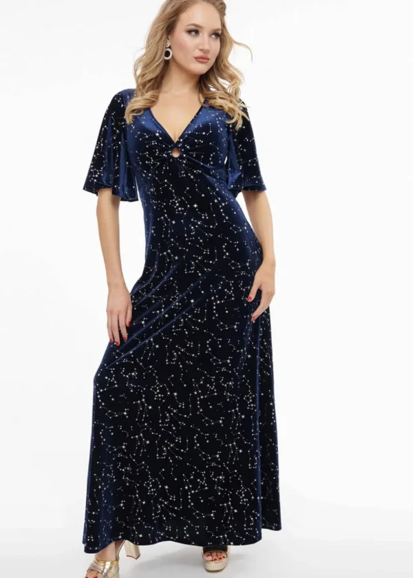 Unique Vintage Smak Parlour Celestial Stars Velvet 70's Maxi Dress Blue