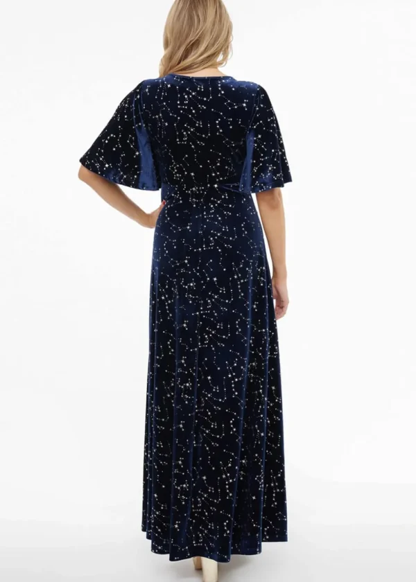 Unique Vintage Smak Parlour Celestial Stars Velvet 70's Maxi Dress Blue