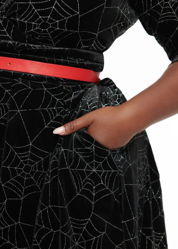 Unique Vintage Spiderweb Glitter Velvet 50's Swing Dress Black