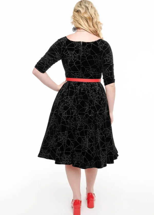 Unique Vintage Spiderweb Glitter Velvet 50's Swing Dress Black