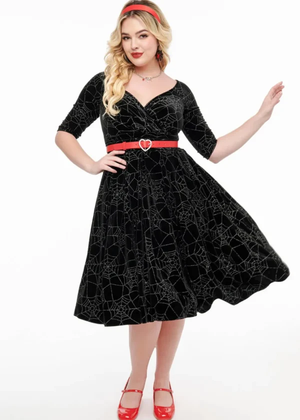 Unique Vintage Spiderweb Glitter Velvet 50's Swing Dress Black