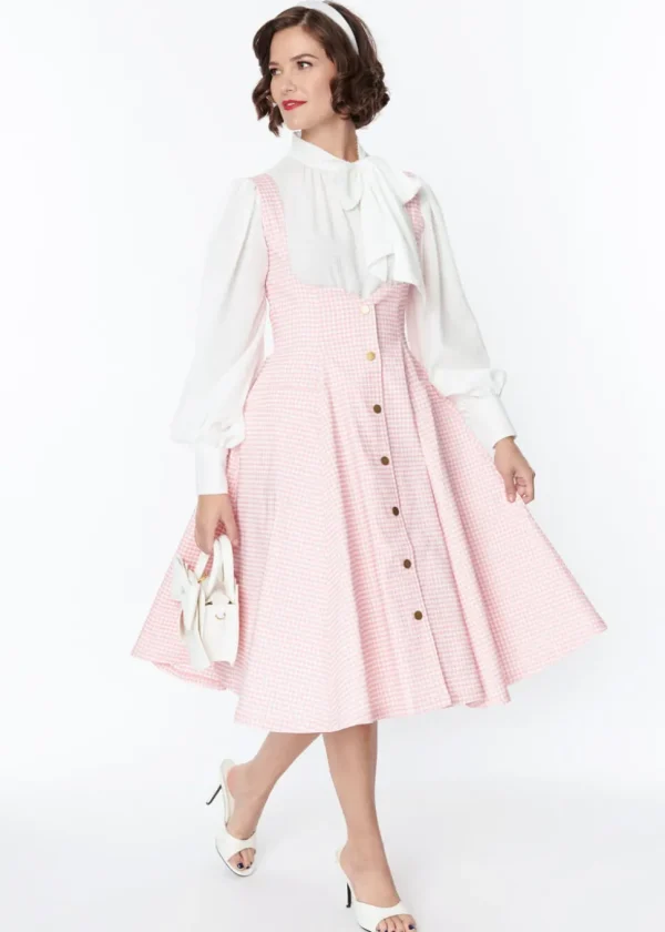 Unique Vintage Suspender Gingham 60's Swing Skirt Pink White