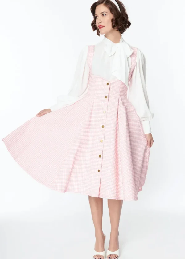 Unique Vintage Suspender Gingham 60's Swing Skirt Pink White